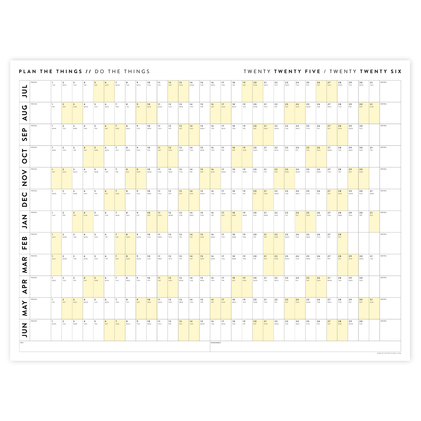 2025 - 2026 ACADEMIC WALL CALENDAR (JULY START) | HORIZONTAL WITH YELLOW WEEKENDS
