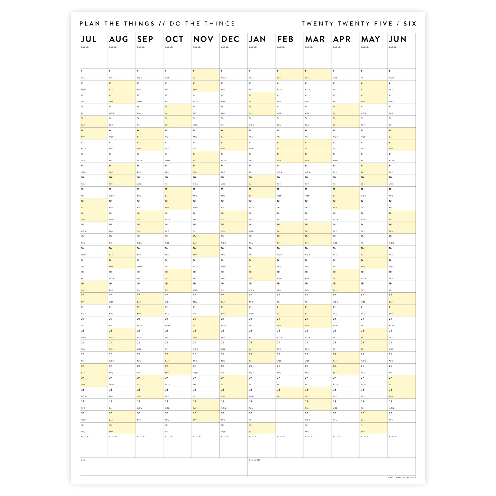 2025 - 2026 ACADEMIC WALL CALENDAR (JULY START) | VERTICAL WITH YELLOW WEEKENDS