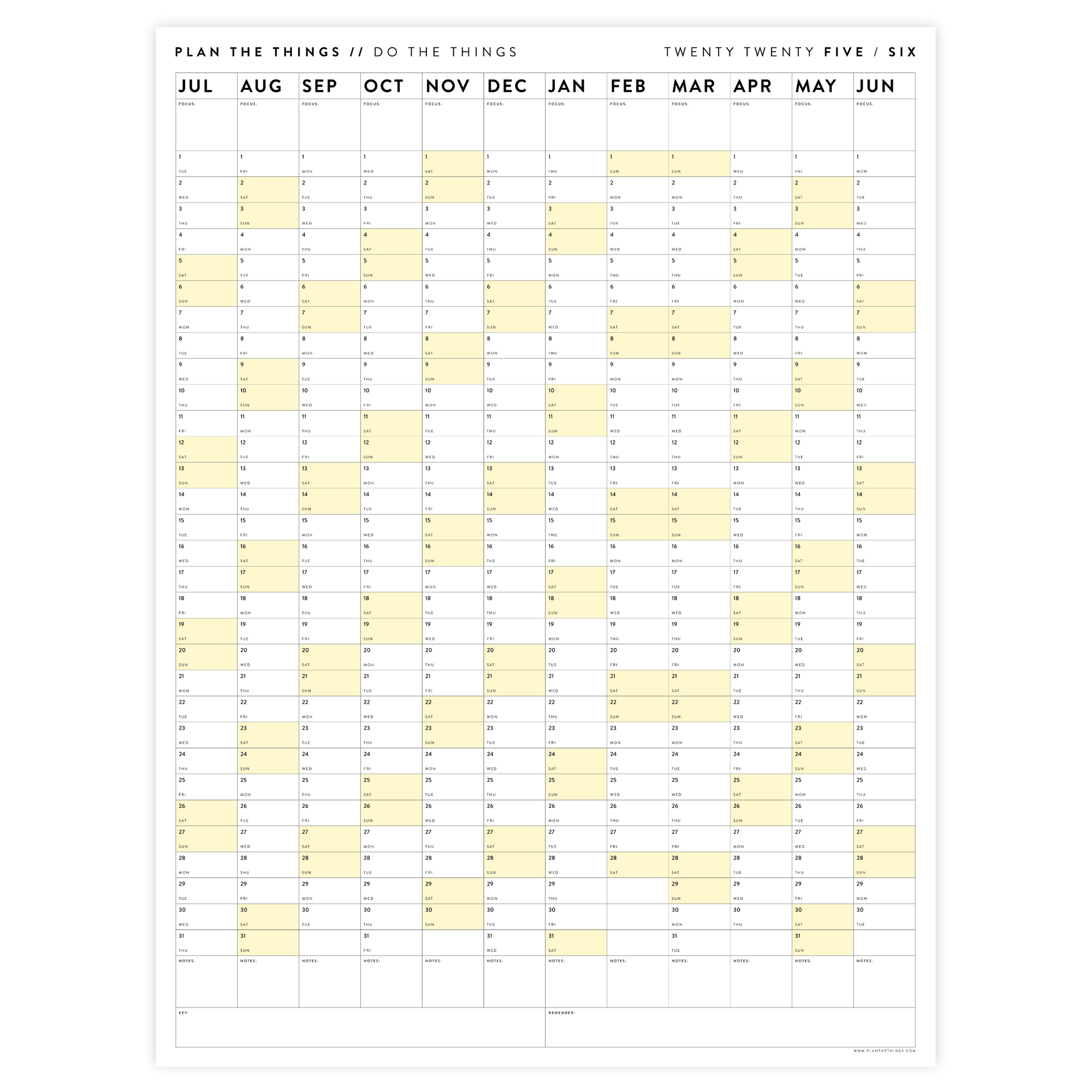 PRINTABLE 2025 - 2026 ACADEMIC WALL CALENDAR (JULY START) | VERTICAL WITH YELLOW WEEKENDS - INSTANT DOWNLOAD