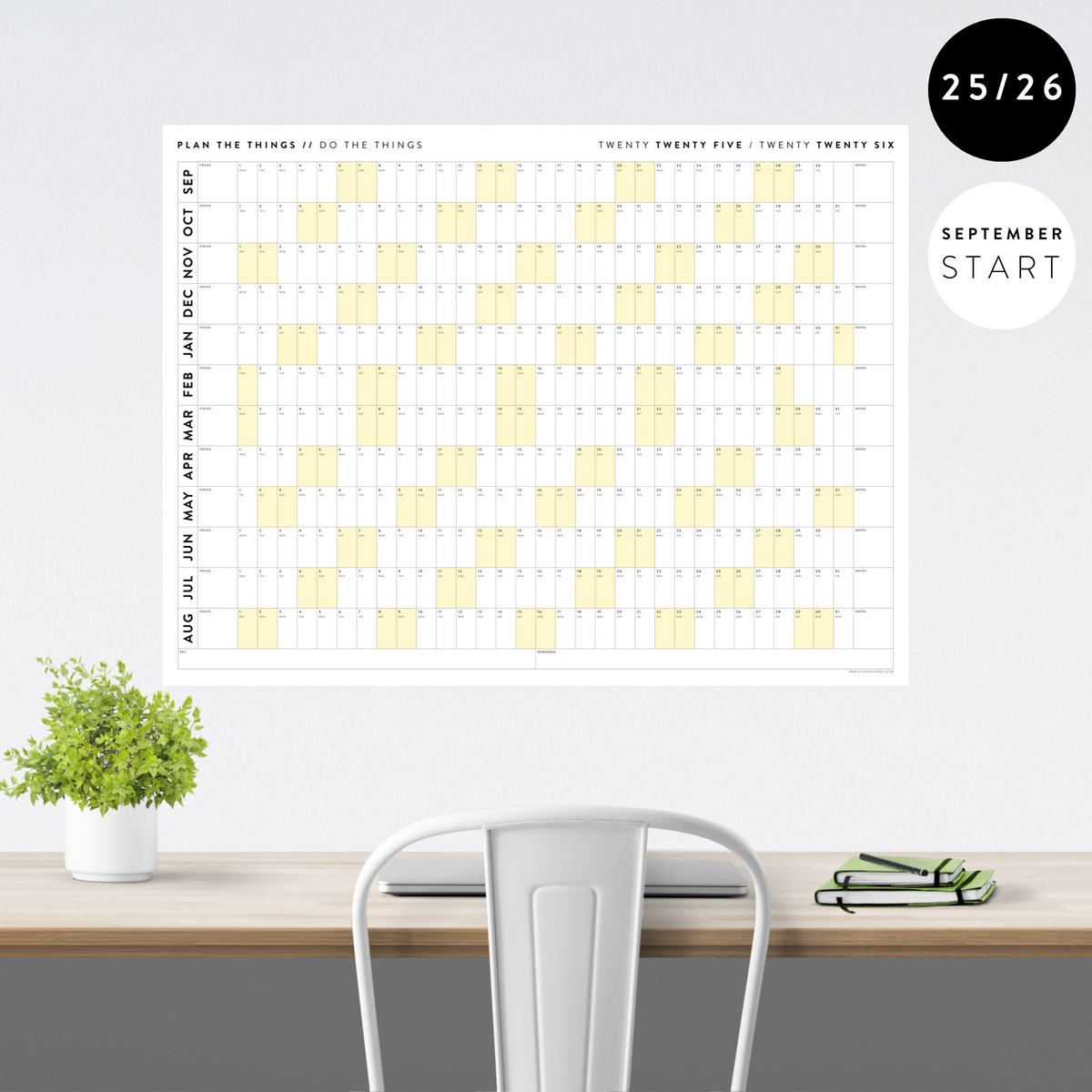 PRINTABLE 2025 - 2026 ACADEMIC WALL CALENDAR (SEPTEMBER START) | HORIZONTAL WITH YELLOW WEEKENDS - INSTANT DOWNLOAD
