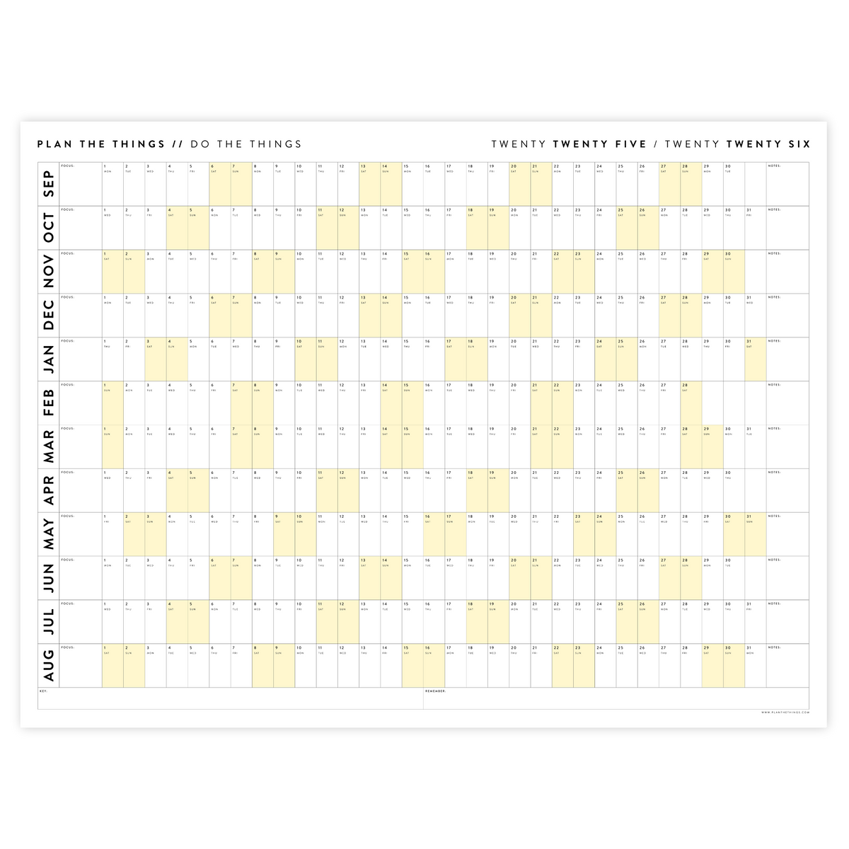 PRINTABLE 2025 - 2026 ACADEMIC WALL CALENDAR (SEPTEMBER START) | HORIZONTAL WITH YELLOW WEEKENDS - INSTANT DOWNLOAD