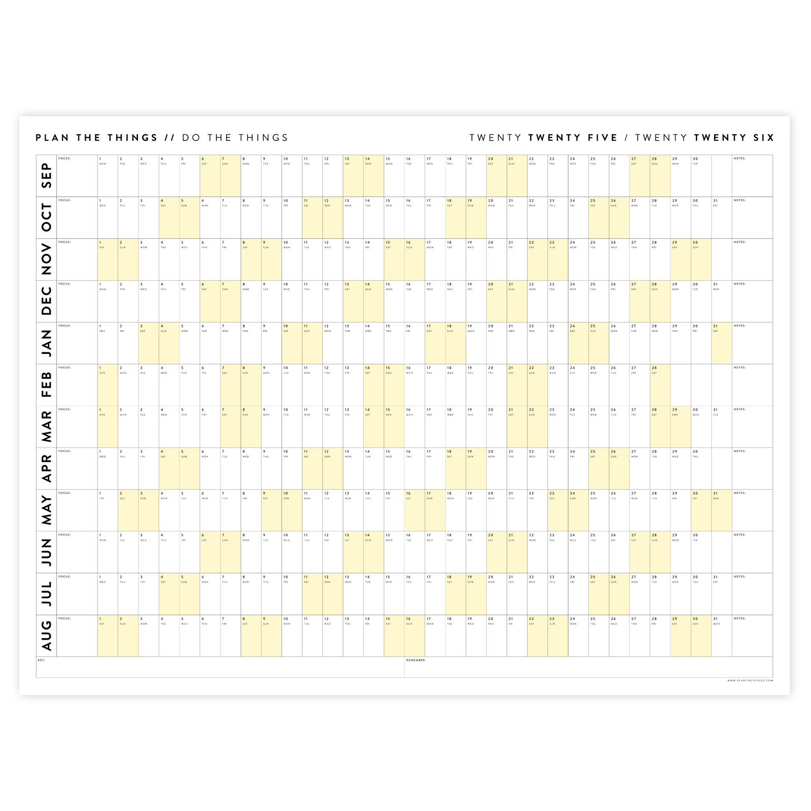 PRINTABLE 2025 - 2026 ACADEMIC WALL CALENDAR (SEPTEMBER START) | HORIZONTAL WITH YELLOW WEEKENDS - INSTANT DOWNLOAD