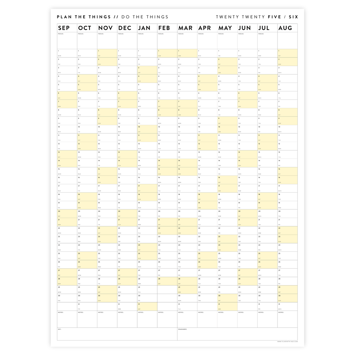 PRINTABLE 2025 - 2026 ACADEMIC WALL CALENDAR (SEPTEMBER START) | VERTICAL WITH YELLOW WEEKENDS - INSTANT DOWNLOAD