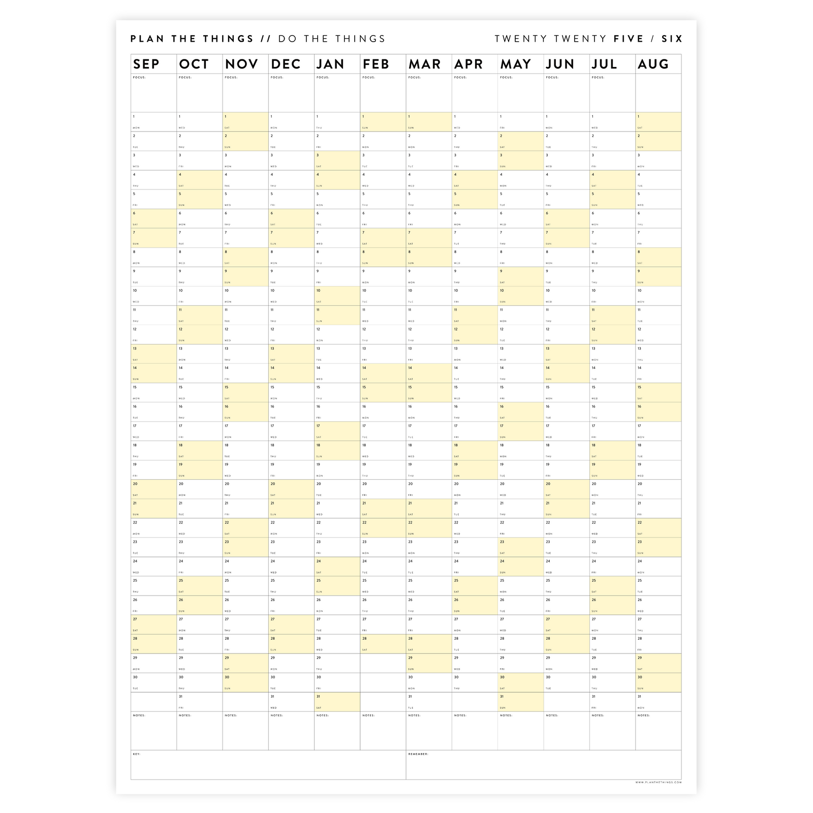 PRINTABLE 2025 - 2026 ACADEMIC WALL CALENDAR (SEPTEMBER START) | VERTICAL WITH YELLOW WEEKENDS - INSTANT DOWNLOAD