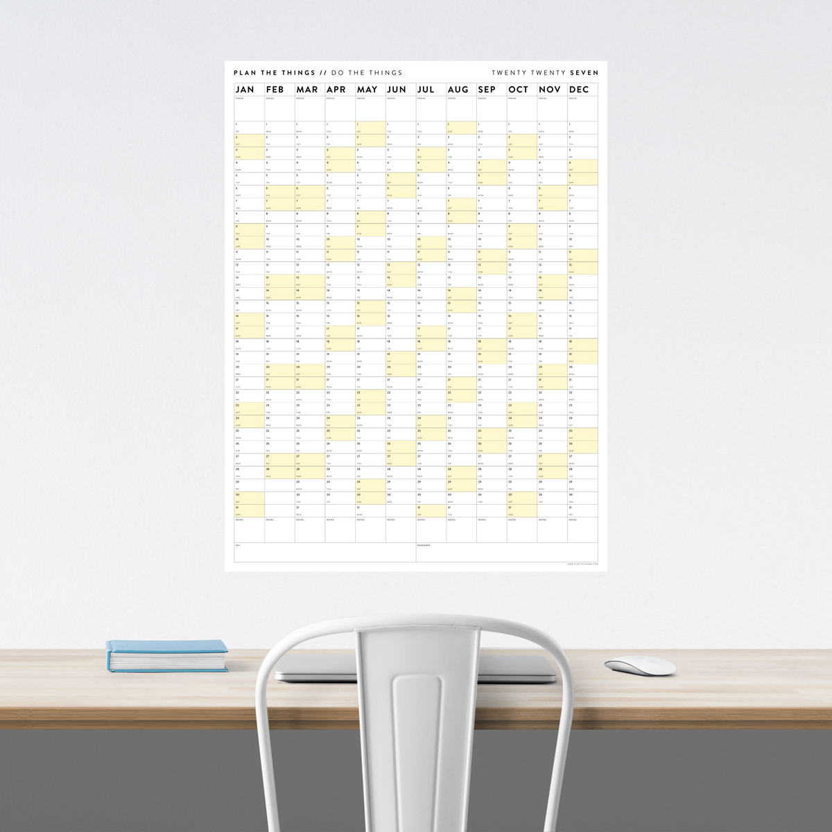 PRINTABLE VERTICAL 2027 WALL CALENDAR WITH YELLOW WEEKENDS - INSTANT DOWNLOAD