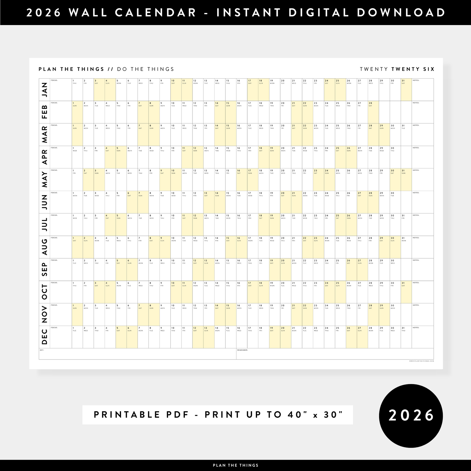 PRINTABLE 2026 HORIZONTAL WALL CALENDAR WITH YELLOW WEEKENDS - INSTANT DOWNLOAD