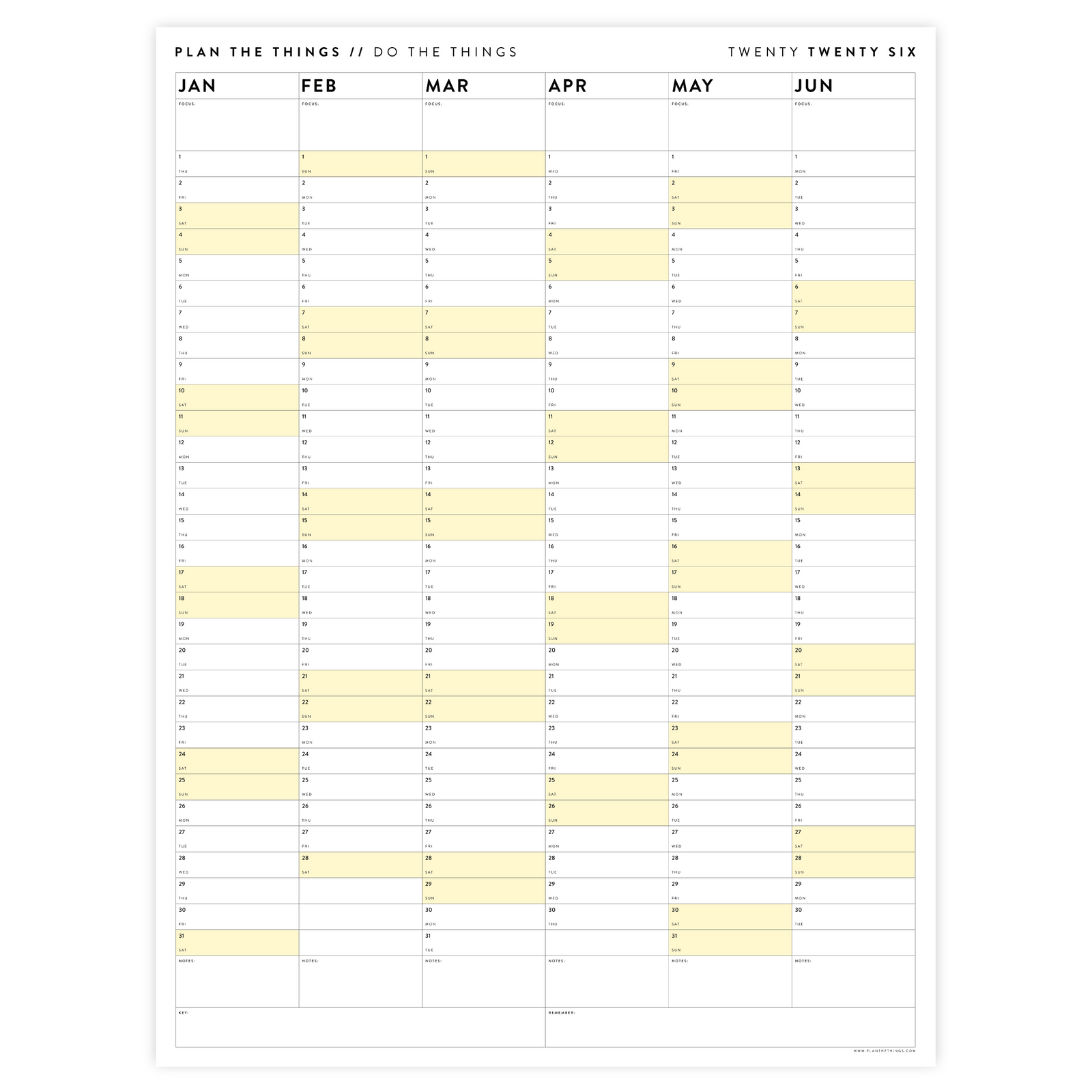 SIX MONTH 2026 GIANT WALL CALENDAR (JANUARY TO JUNE)  WITH YELLOW WEEKENDS