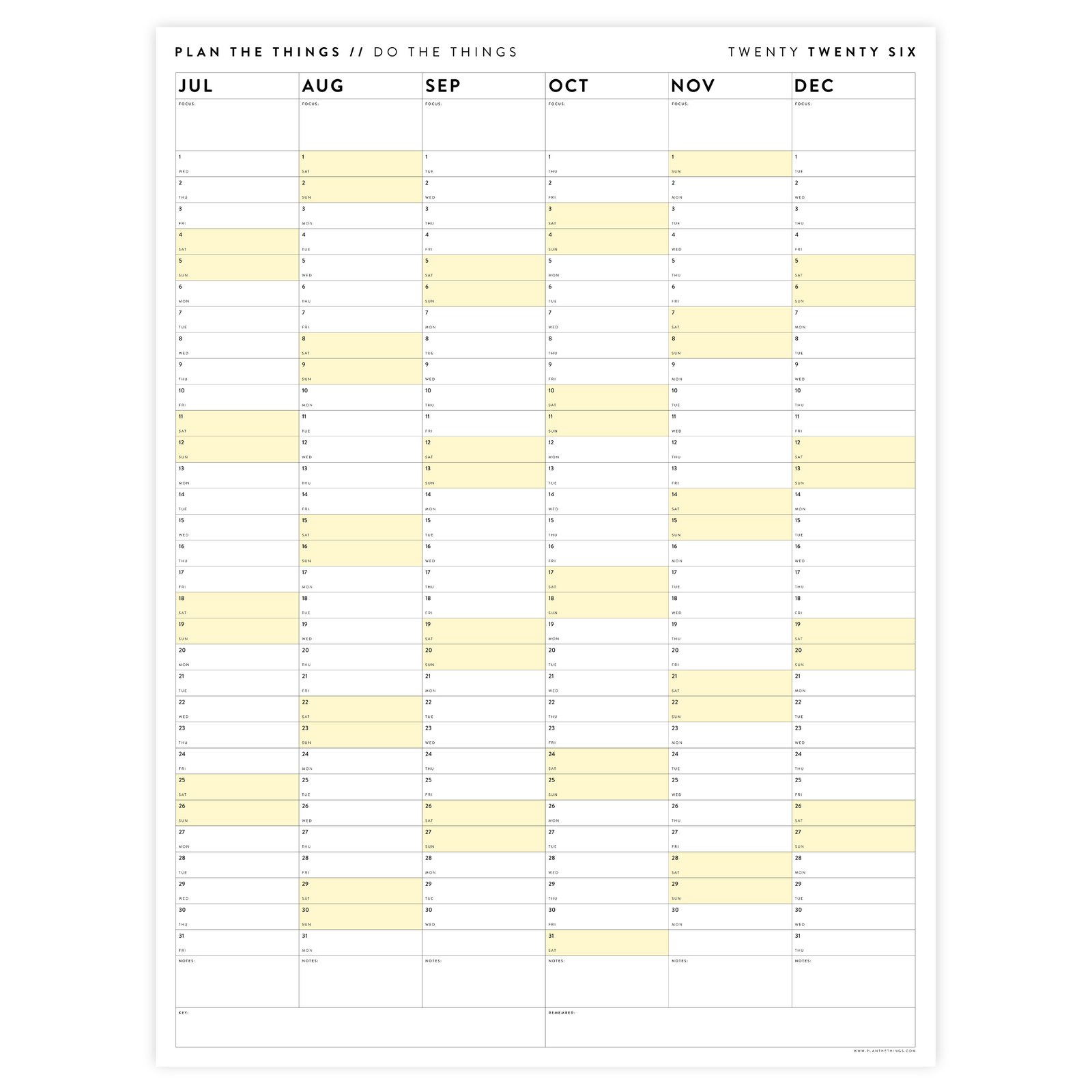 SIX MONTH 2026 GIANT WALL CALENDAR (JULY TO DECEMBER) WITH YELLOW WEEKENDS