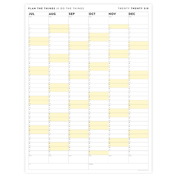 PRINTABLE SIX MONTH 2026 ACADEMIC YEAR WALL CALENDAR SET WITH YELLOW W
