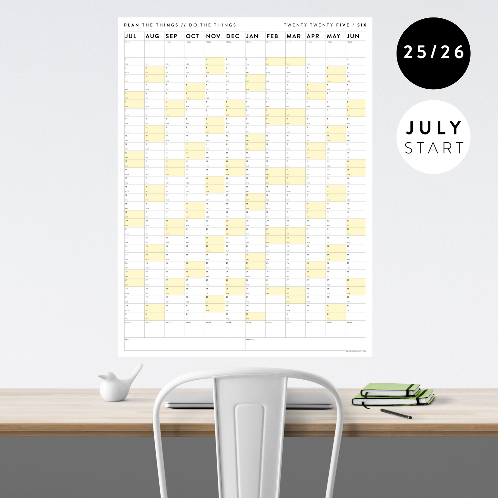 2025 - 2026 ACADEMIC WALL CALENDAR (JULY START) | VERTICAL WITH YELLOW WEEKENDS