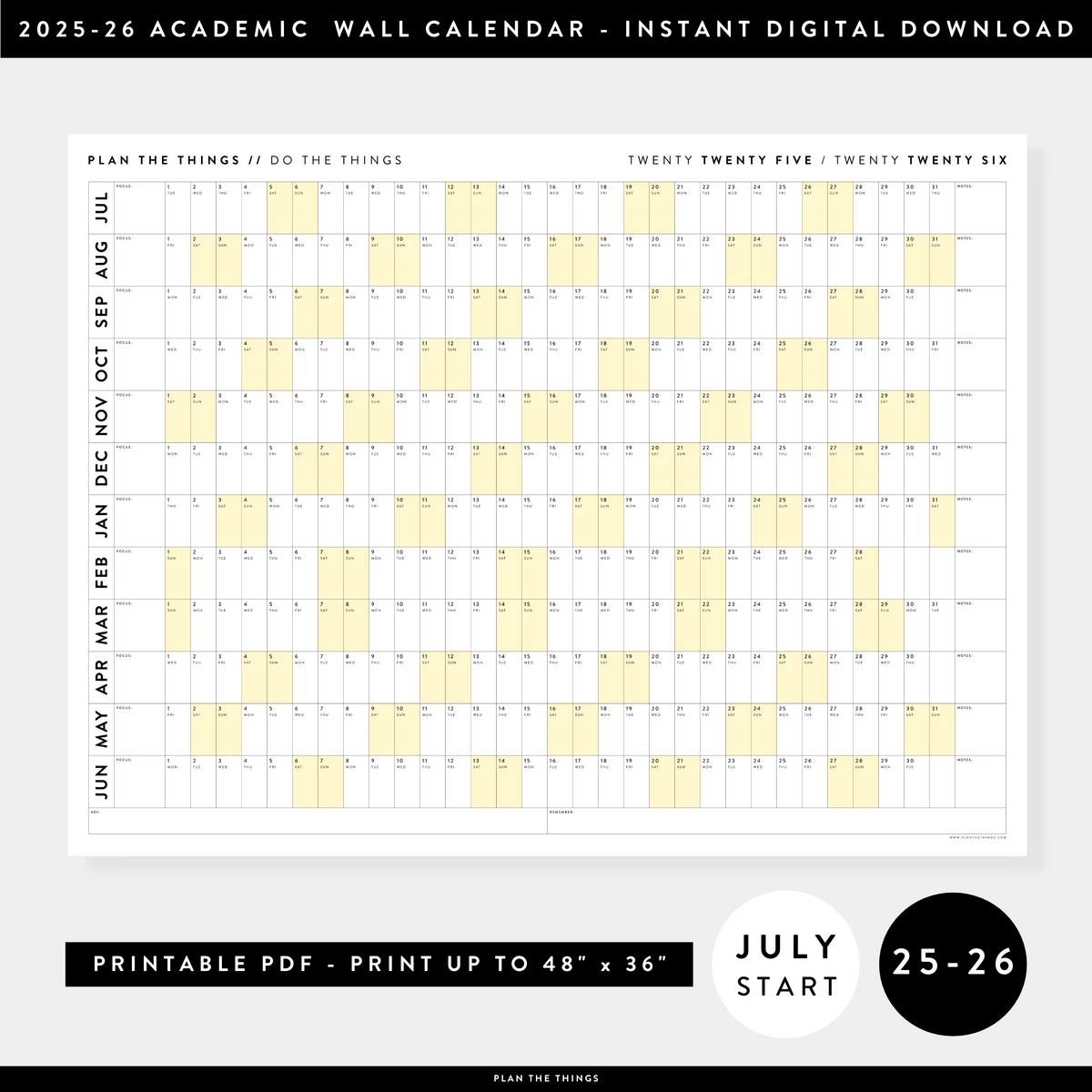 PRINTABLE 2025 - 2026 ACADEMIC WALL CALENDAR (JULY START) | HORIZONTAL WITH YELLOW WEEKENDS - INSTANT DOWNLOAD