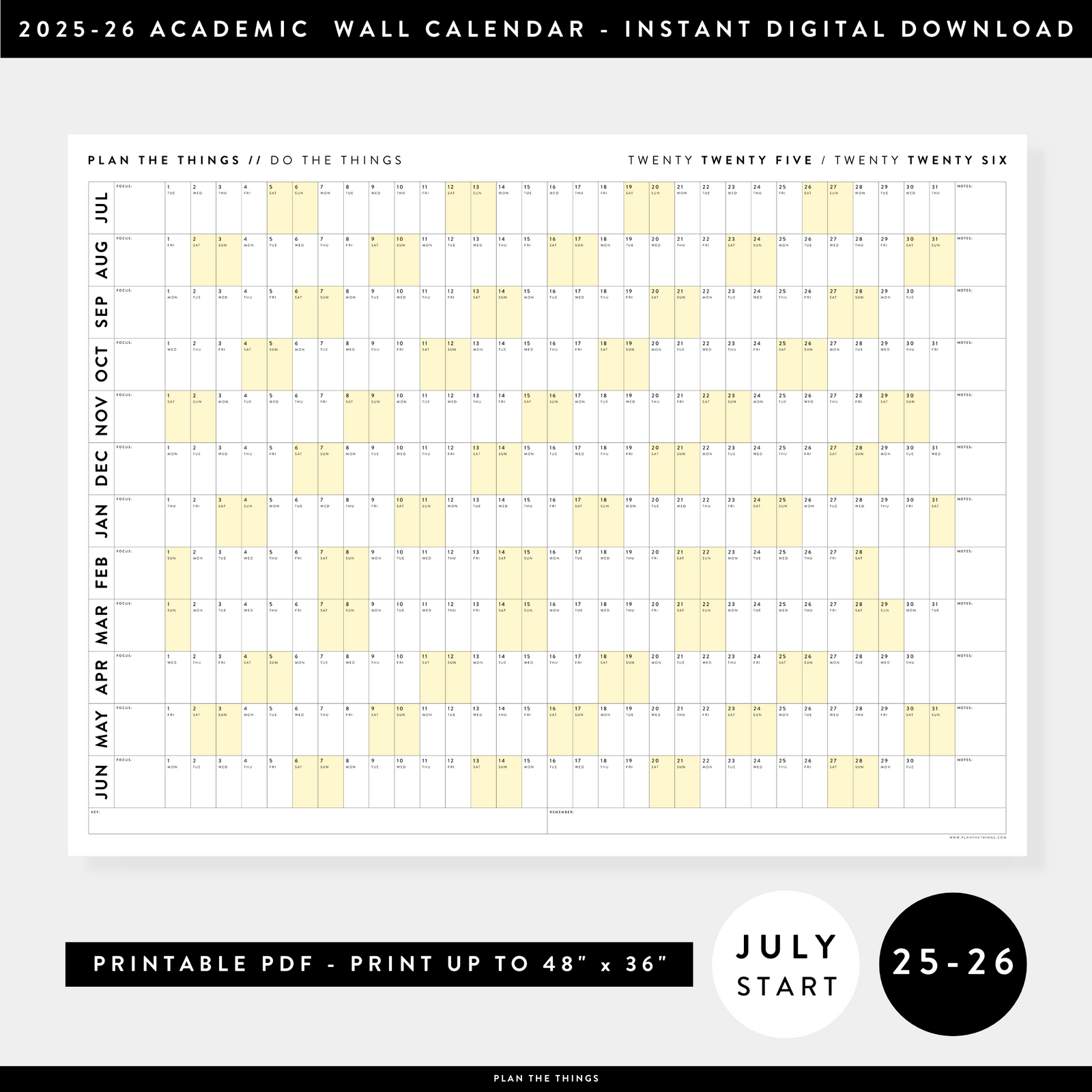 PRINTABLE 2025 - 2026 ACADEMIC WALL CALENDAR (JULY START) | HORIZONTAL WITH YELLOW WEEKENDS - INSTANT DOWNLOAD