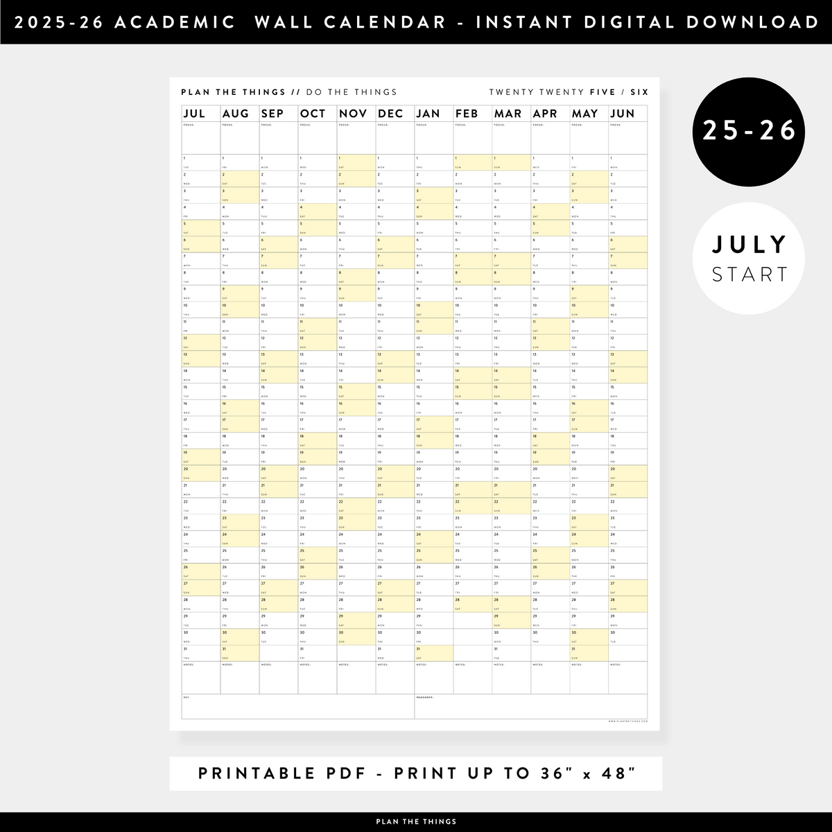 PRINTABLE 2025 - 2026 ACADEMIC WALL CALENDAR (JULY START) | VERTICAL WITH YELLOW WEEKENDS - INSTANT DOWNLOAD