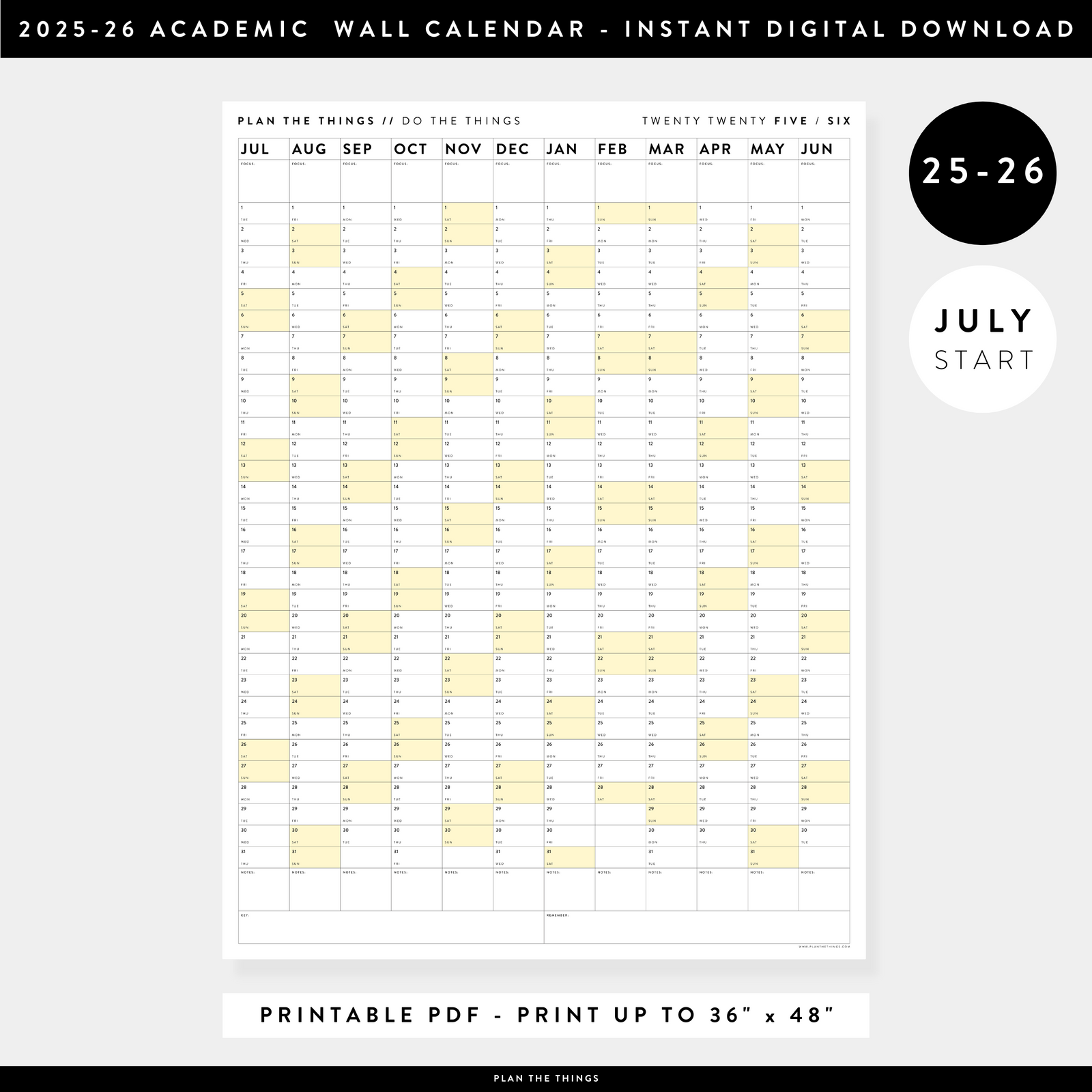 PRINTABLE 2025 - 2026 ACADEMIC WALL CALENDAR (JULY START) | VERTICAL WITH YELLOW WEEKENDS - INSTANT DOWNLOAD