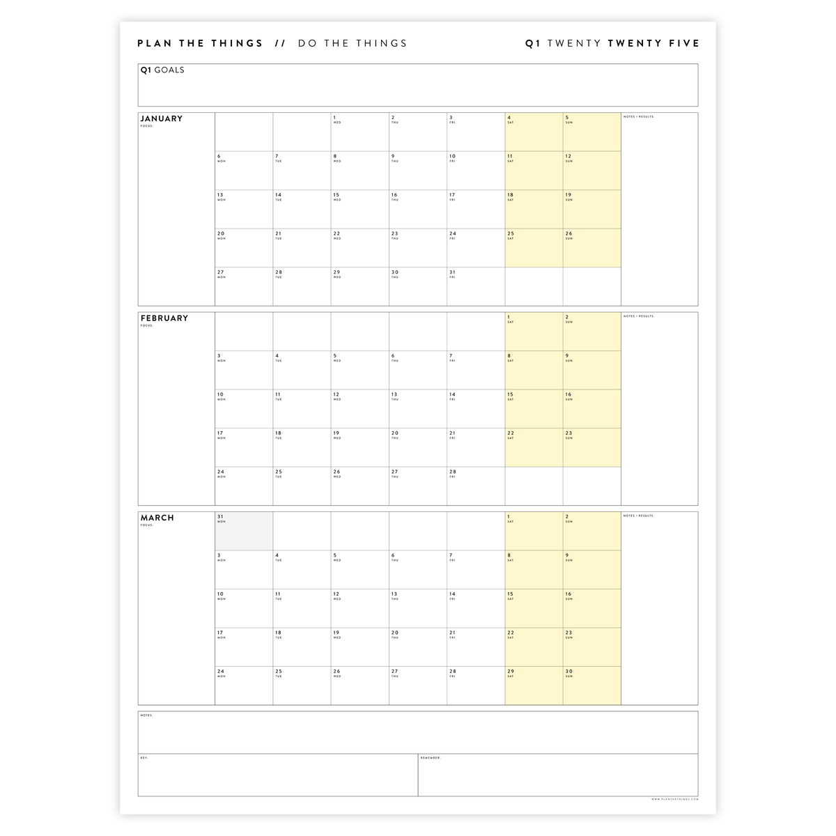 Q1 2025 QUARTERLY GIANT WALL CALENDAR (JANUARY - MARCH 2025) - YELLOW WEEKENDS