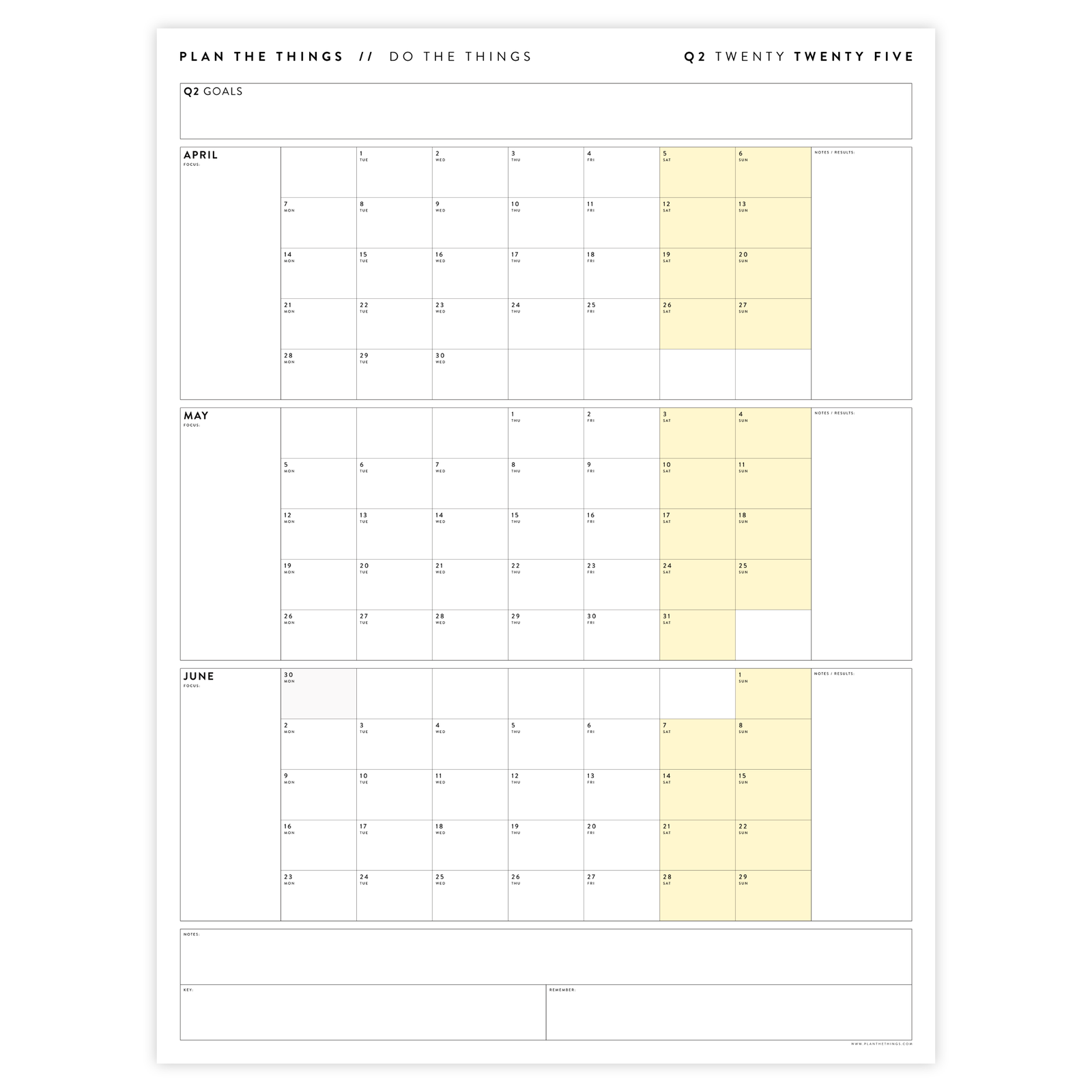 Q2 2025 QUARTERLY GIANT WALL CALENDAR (APRIL - JUNE 2025) - YELLOW WEEKENDS