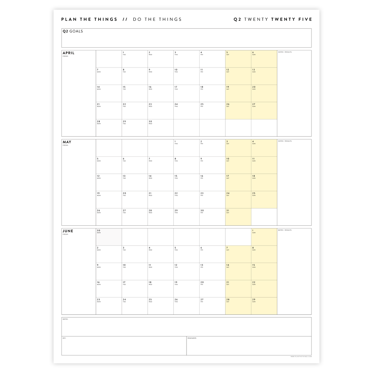 PRINTABLE Q2 (APRIL - JUNE) 2025 QUARTERLY WALL CALENDAR (YELLOW) - INSTANT PDF DOWNLOAD