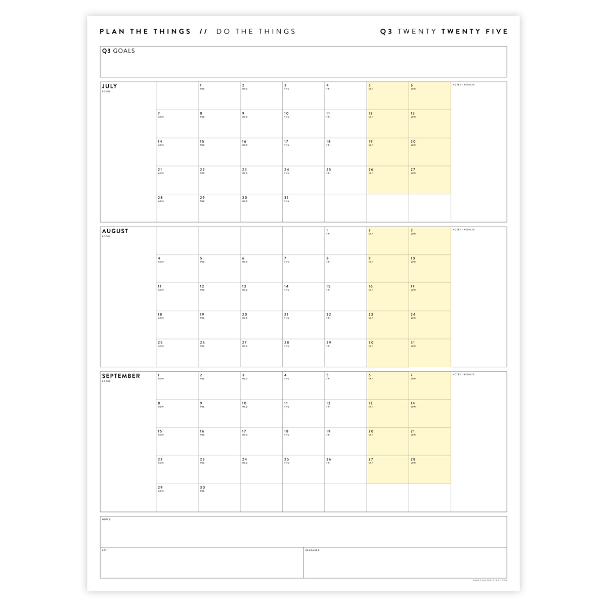 Q3 2025 QUARTERLY GIANT WALL CALENDAR (JULY - SEPTEMBER 2025) - YELLOW WEEKENDS