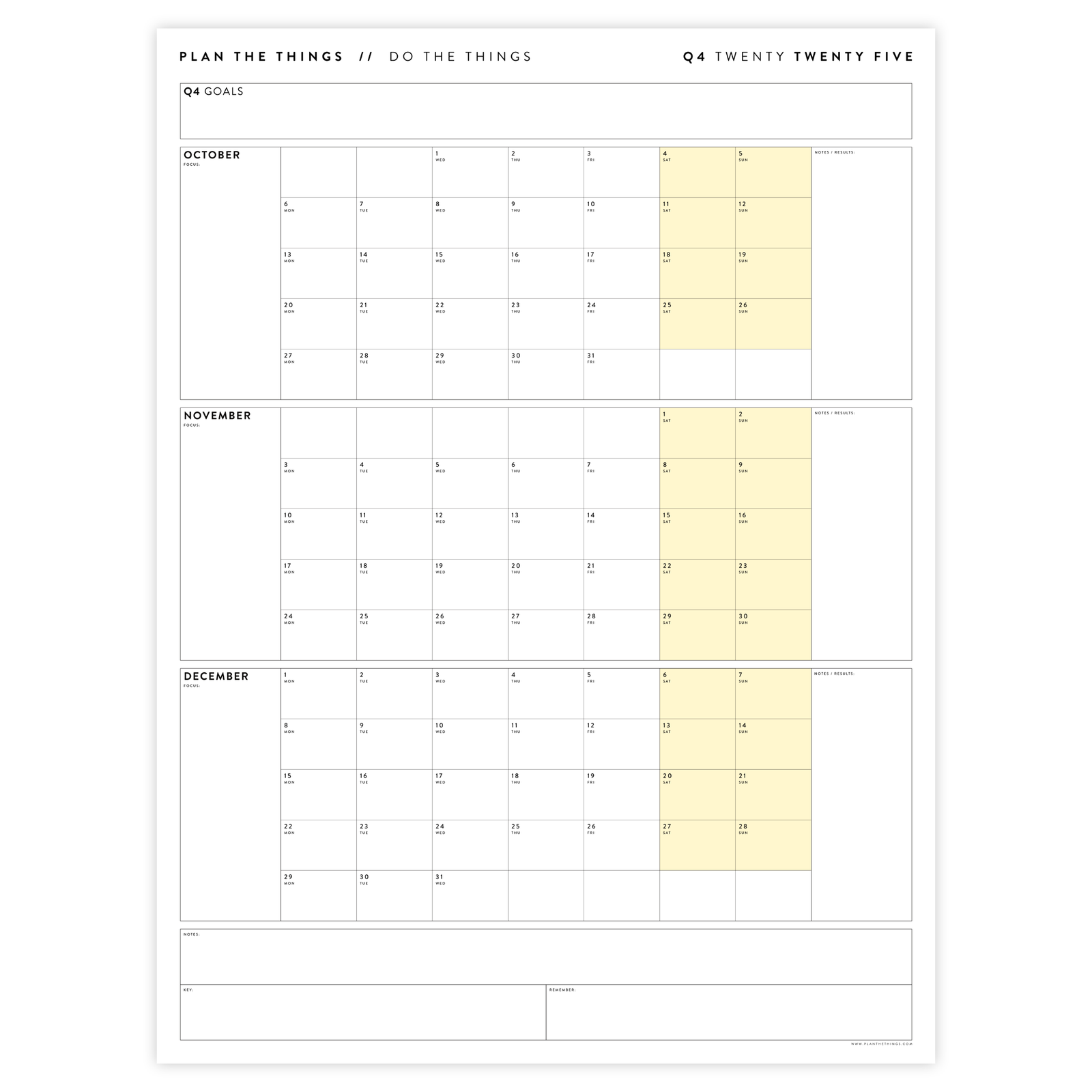 PRINTABLE Q4 (OCTOBER - DECEMBER) 2025 QUARTERLY WALL CALENDAR (YELLOW) - INSTANT PDF DOWNLOAD