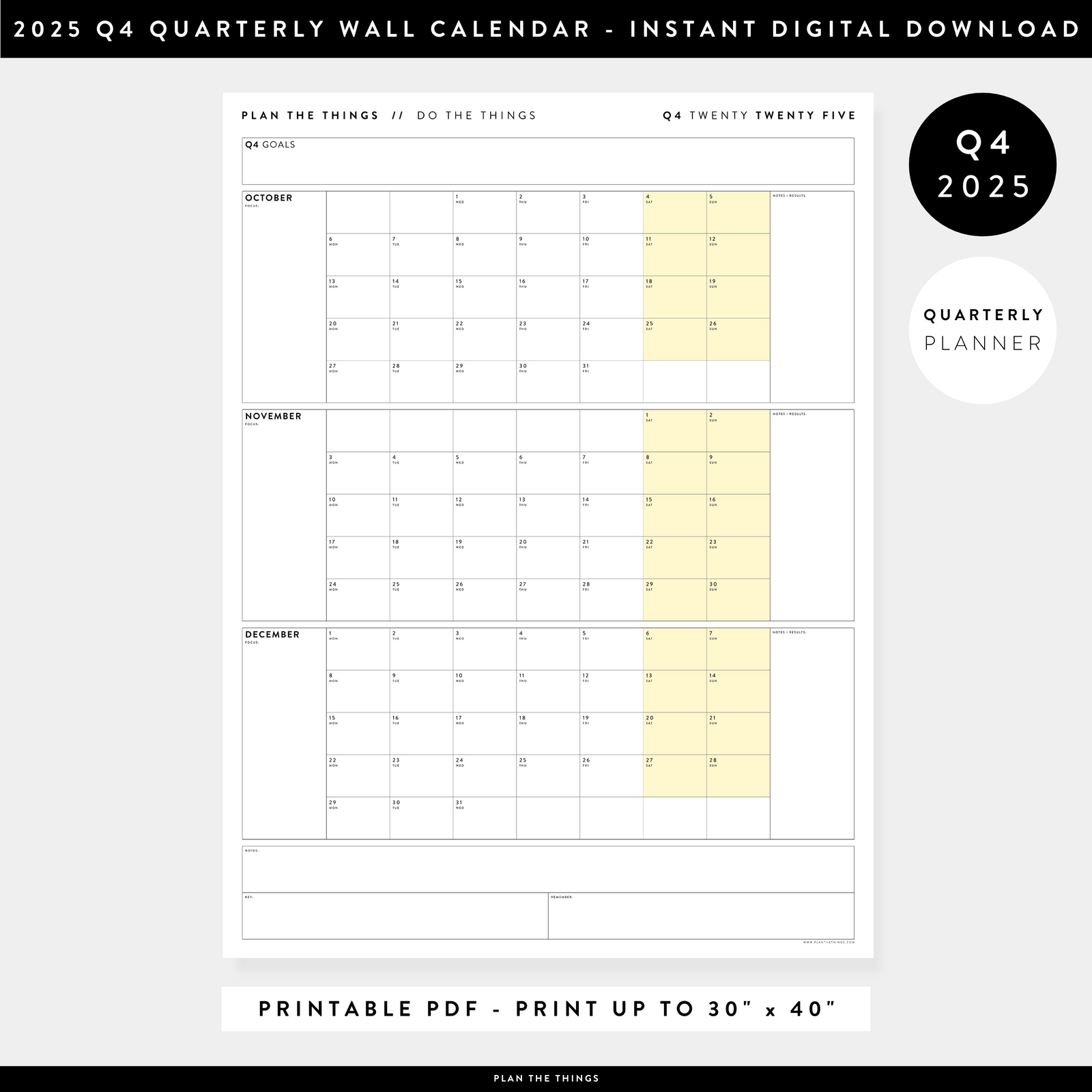 PRINTABLE Q4 (OCTOBER - DECEMBER) 2025 QUARTERLY WALL CALENDAR (YELLOW) - INSTANT PDF DOWNLOAD
