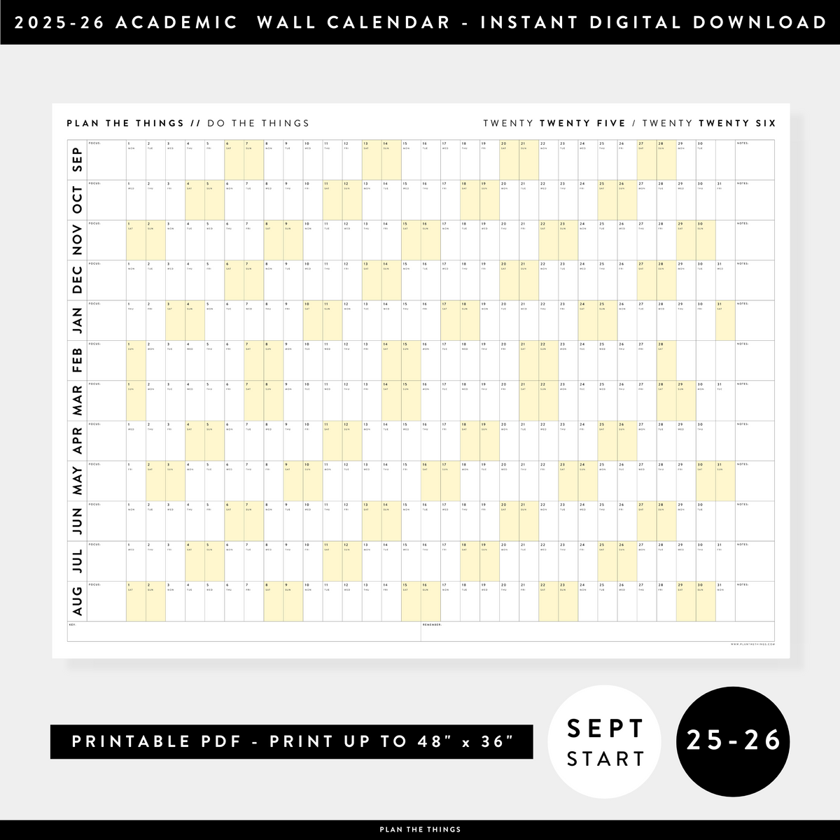 PRINTABLE 2025 - 2026 ACADEMIC WALL CALENDAR (SEPTEMBER START) | HORIZONTAL WITH YELLOW WEEKENDS - INSTANT DOWNLOAD