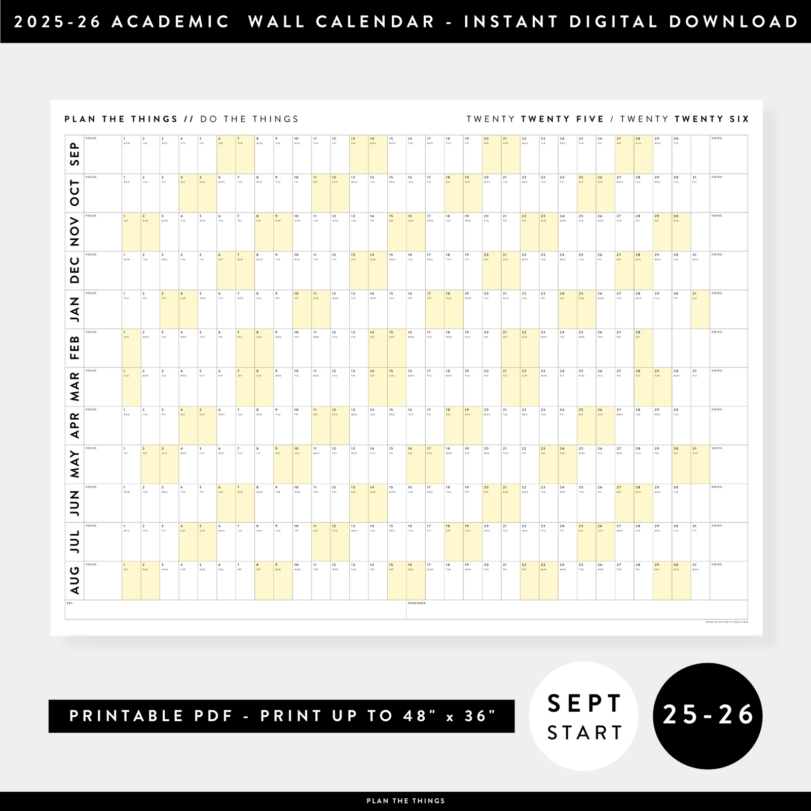 PRINTABLE 2025 - 2026 ACADEMIC WALL CALENDAR (SEPTEMBER START) | HORIZONTAL WITH YELLOW WEEKENDS - INSTANT DOWNLOAD