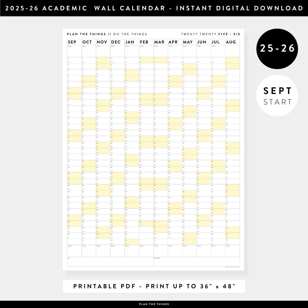 PRINTABLE 2025 - 2026 ACADEMIC WALL CALENDAR (SEPTEMBER START) | VERTICAL WITH YELLOW WEEKENDS - INSTANT DOWNLOAD