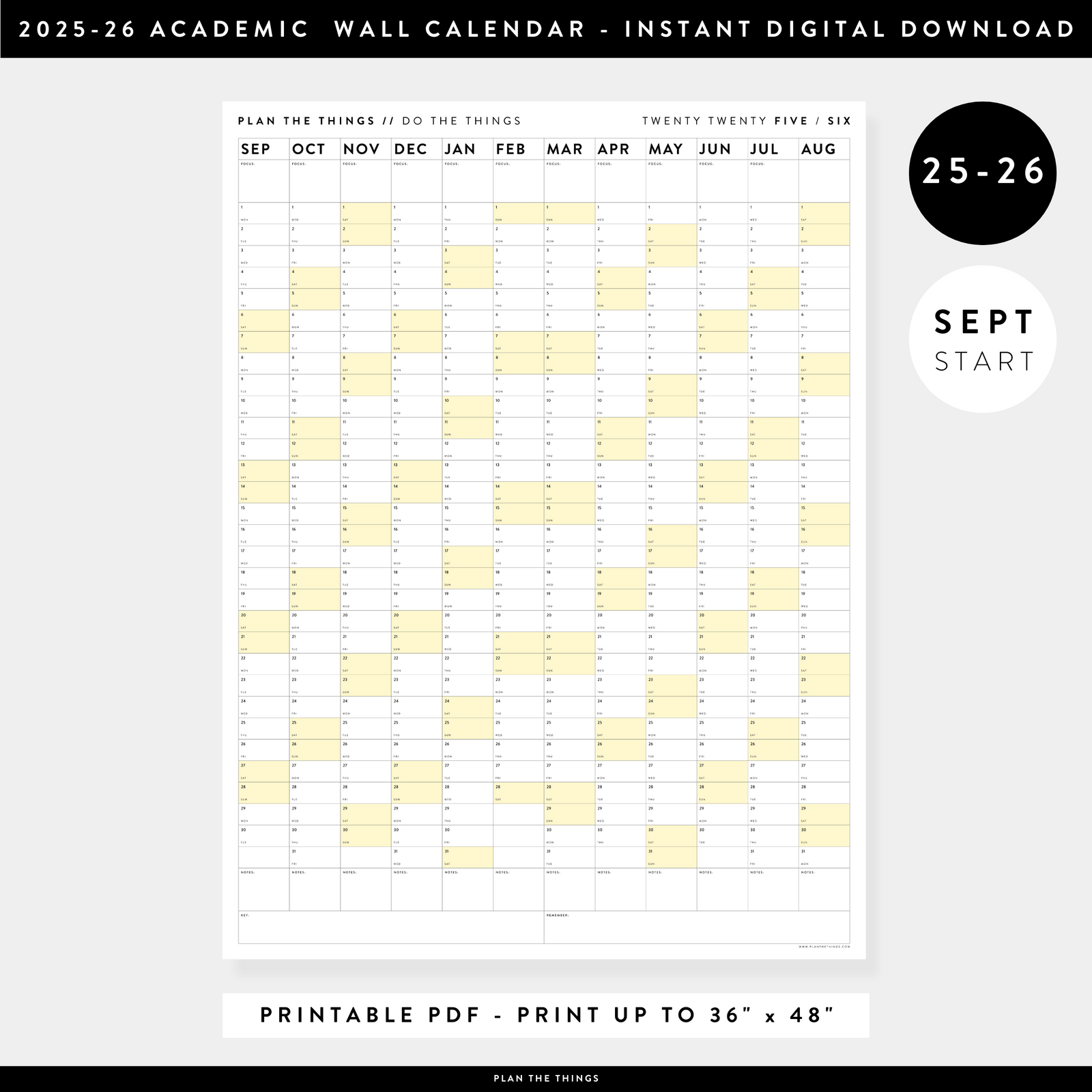 PRINTABLE 2025 - 2026 ACADEMIC WALL CALENDAR (SEPTEMBER START) | VERTICAL WITH YELLOW WEEKENDS - INSTANT DOWNLOAD