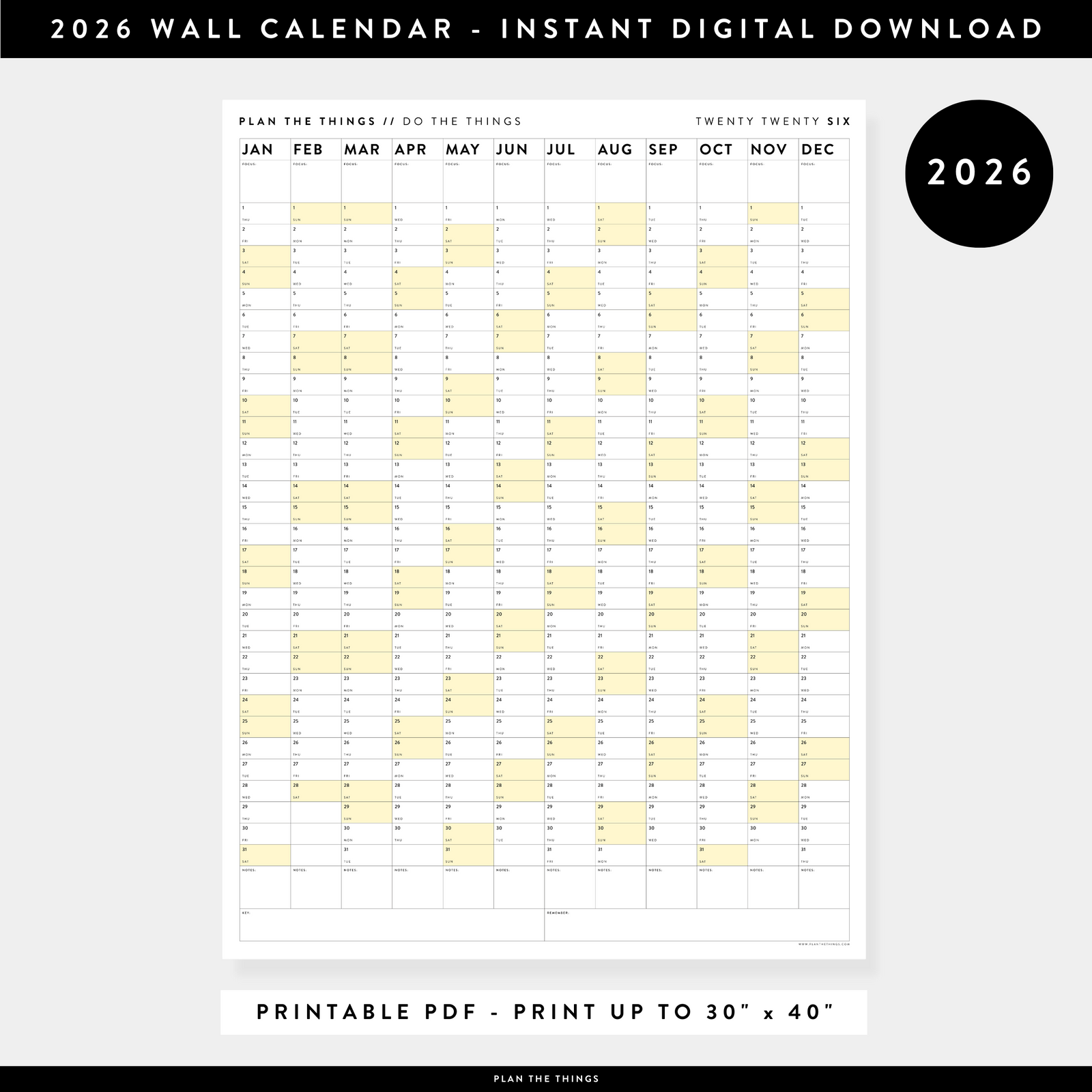 PRINTABLE VERTICAL 2026 WALL CALENDAR WITH YELLOW WEEKENDS - INSTANT DOWNLOAD