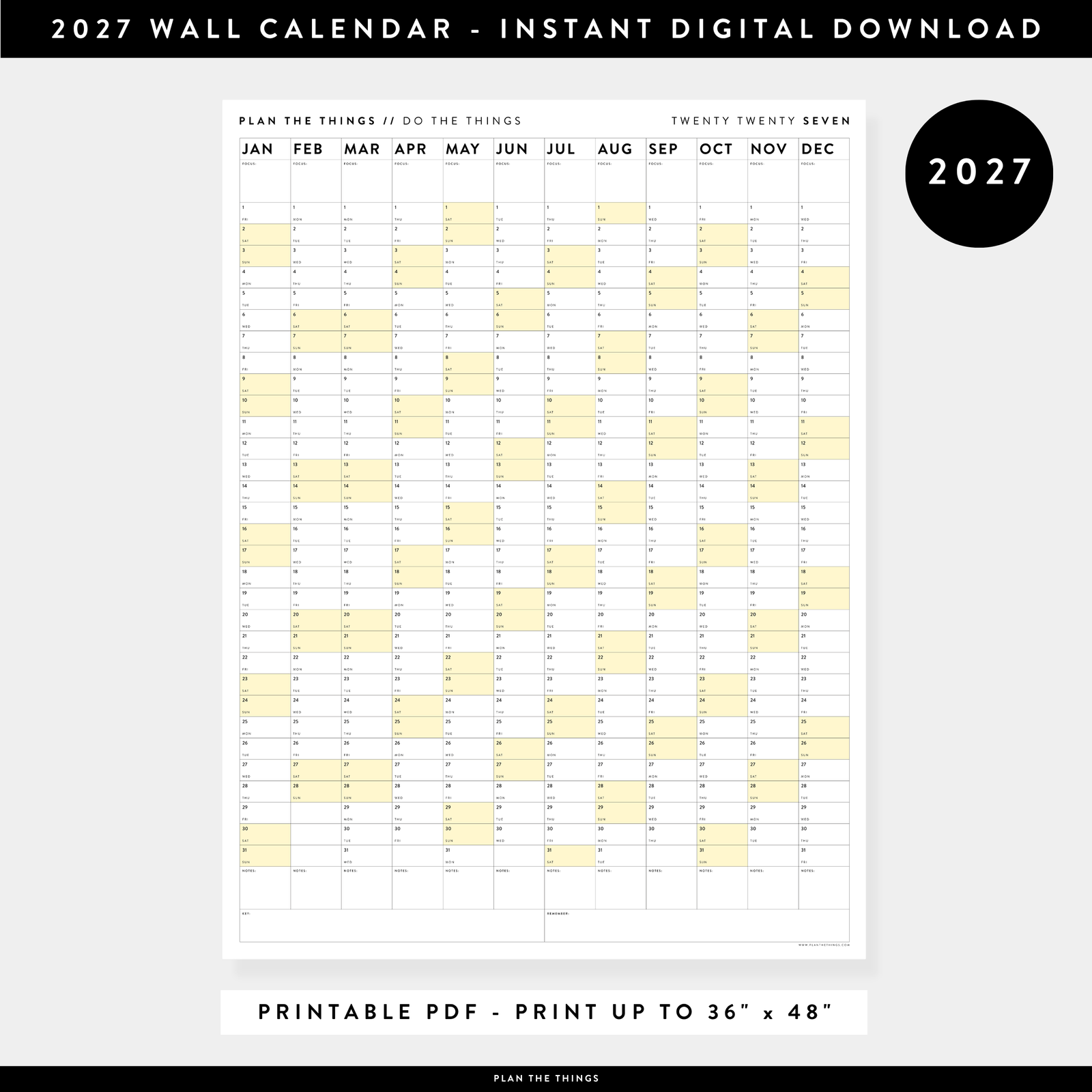 PRINTABLE VERTICAL 2027 WALL CALENDAR WITH YELLOW WEEKENDS - INSTANT DOWNLOAD