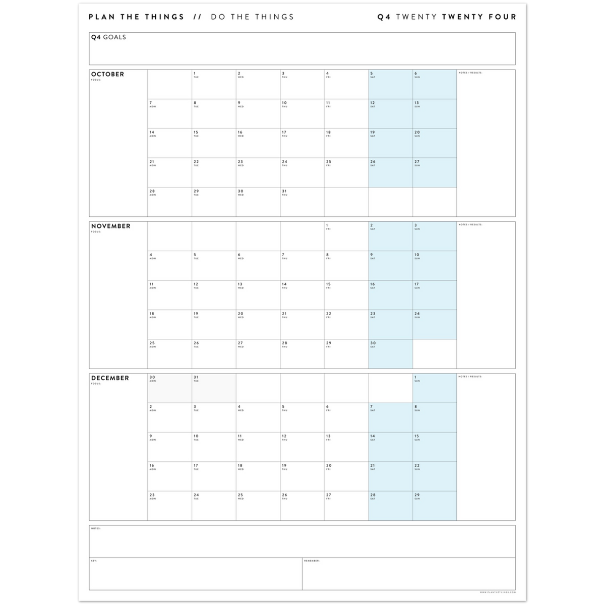 Q4 2024 QUARTERLY GIANT WALL CALENDAR (OCTOBER - DECEMBER 2024) - BLUE WEEKENDS