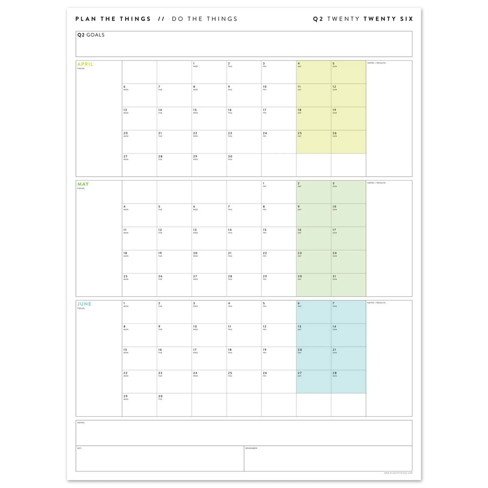 Q2 2026 QUARTERLY GIANT WALL CALENDAR (APRIL - JUNE 2026) - RAINBOW WEEKENDS