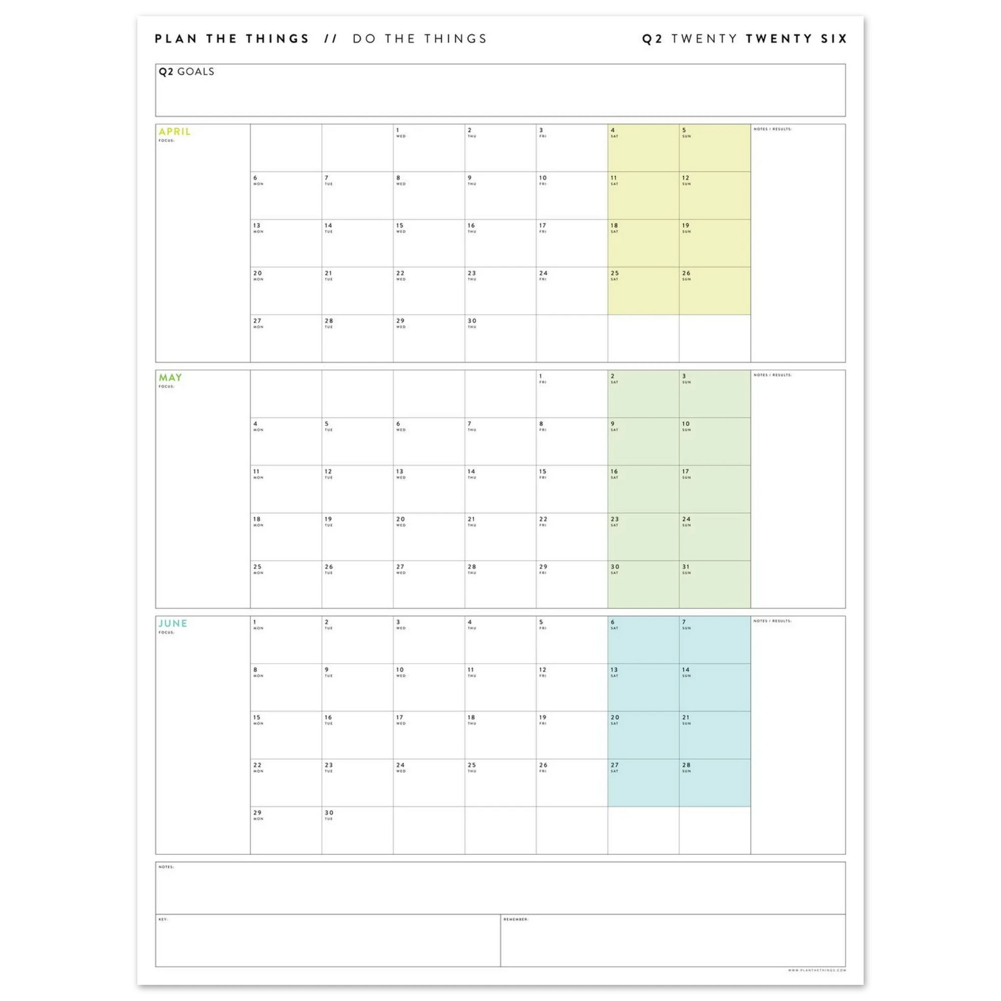 Q2 2026 QUARTERLY GIANT WALL CALENDAR (APRIL - JUNE 2026) - RAINBOW WEEKENDS