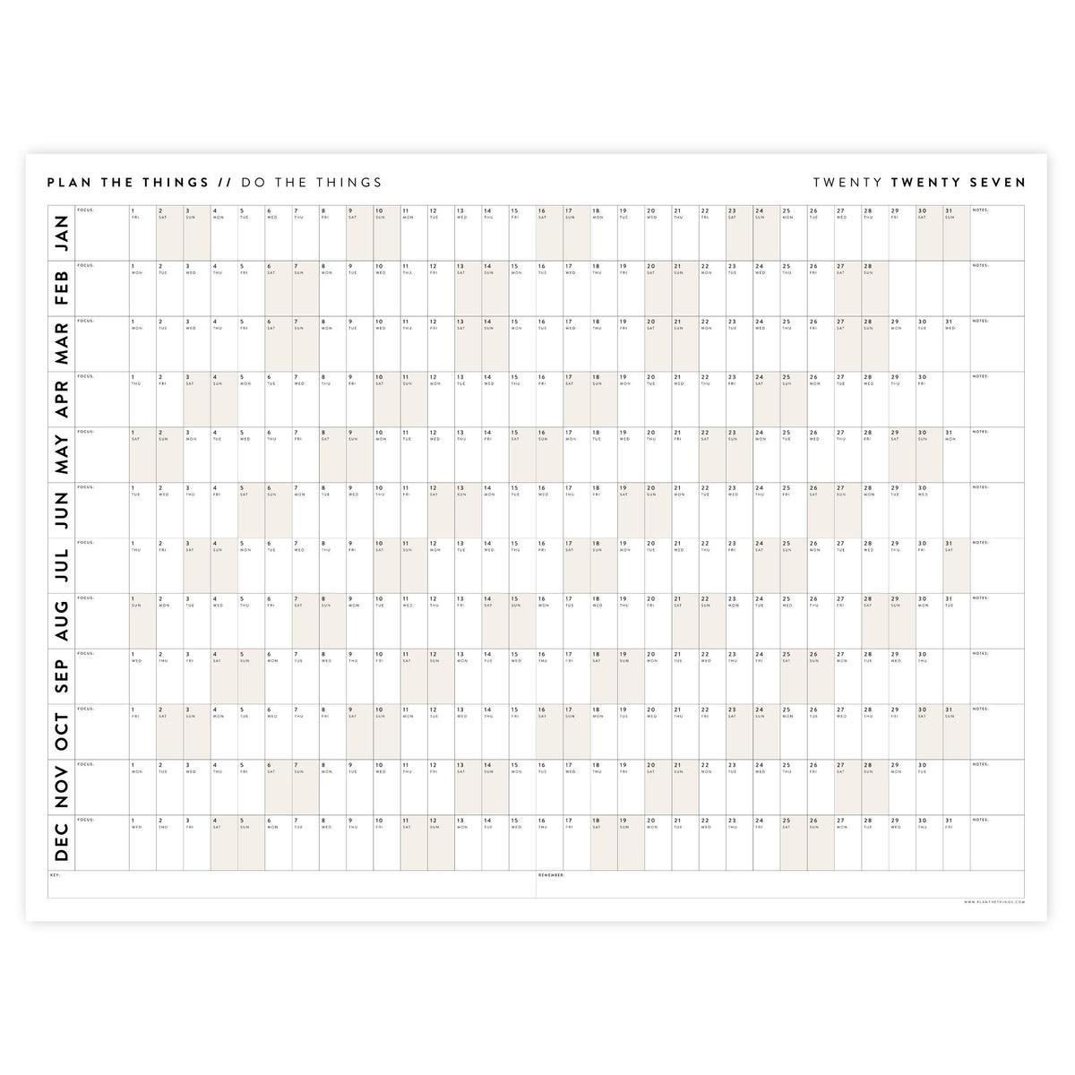 PRINTABLE 2027 Horizontal Wall Calendar | Digital PDF Instant Download | Minimalist Layout with Beige Weekends | Print Up to 48" x 36"