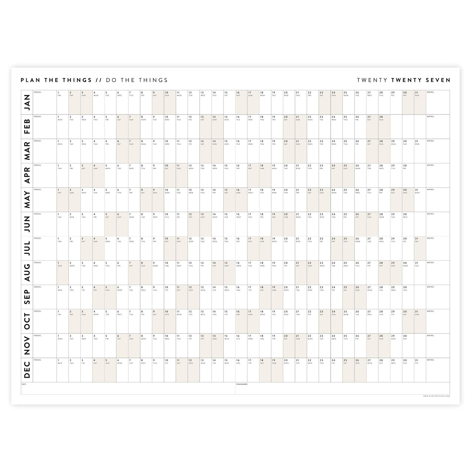 PRINTABLE 2027 Horizontal Wall Calendar | Digital PDF Instant Download | Minimalist Layout with Beige Weekends | Print Up to 48" x 36"