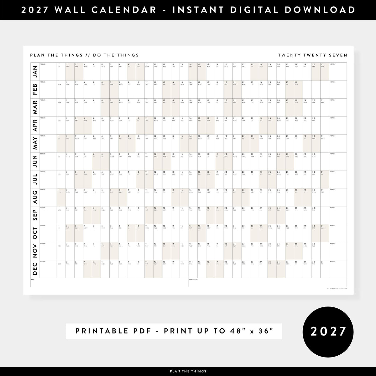 PRINTABLE 2027 Horizontal Wall Calendar | Digital PDF Instant Download | Minimalist Layout with Beige Weekends | Print Up to 48" x 36"