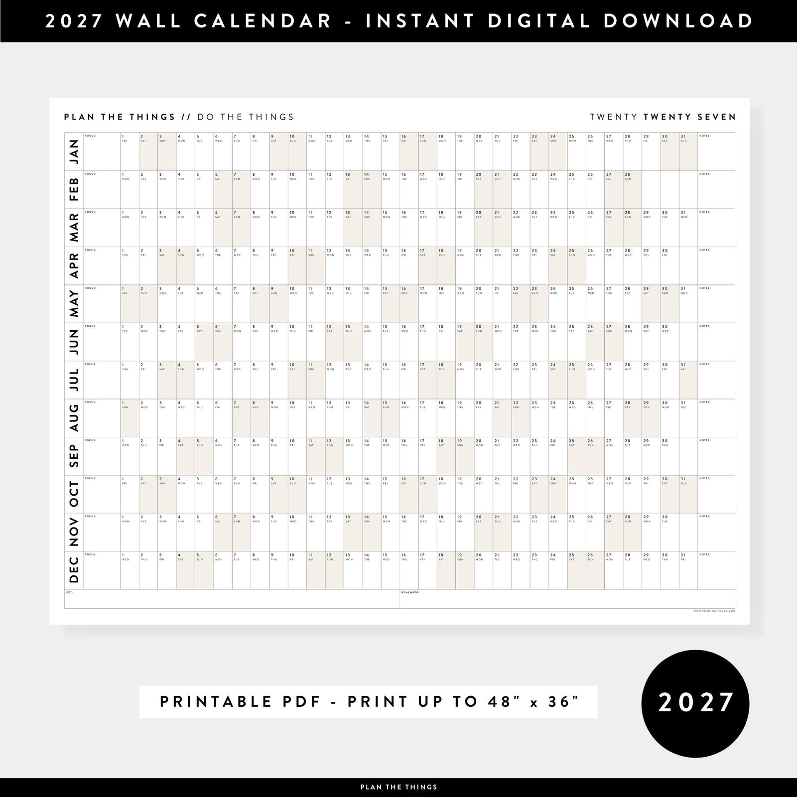PRINTABLE 2027 Horizontal Wall Calendar | Digital PDF Instant Download | Minimalist Layout with Beige Weekends | Print Up to 48" x 36"