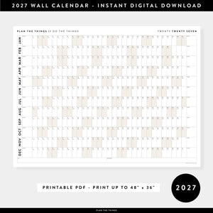 PRINTABLE 2027 Horizontal Wall Calendar | Digital PDF Instant Download | Minimalist Layout with Beige Weekends | Print Up to 48" x 36"