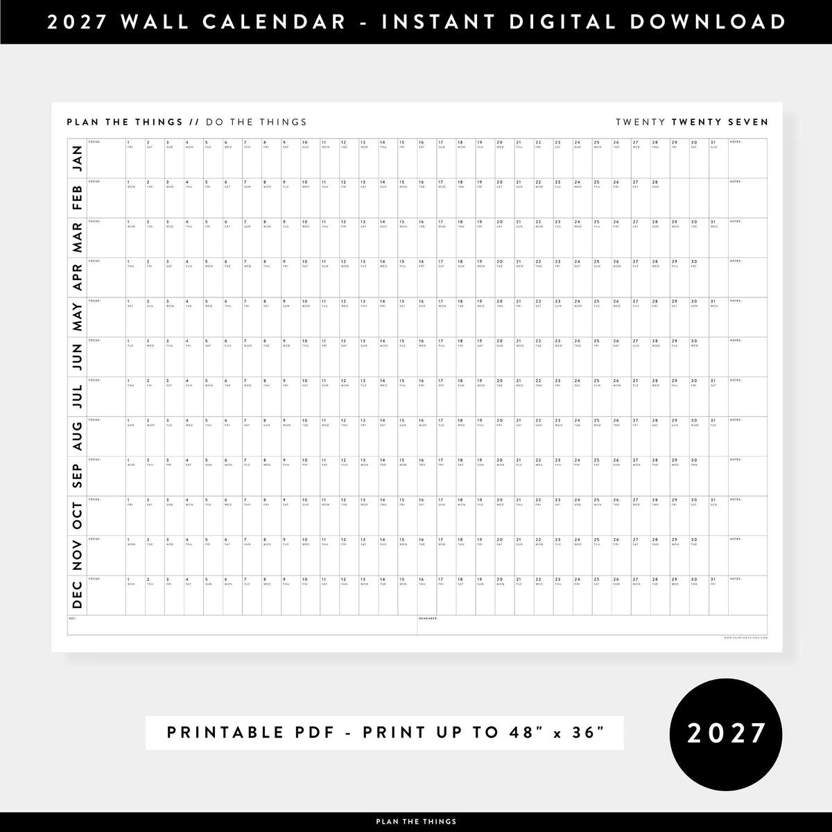 PRINTABLE 2027 Horizontal Wall Calendar | Digital PDF Instant Download | Clear Minimalist Layout | Print Up to 48" x 36"