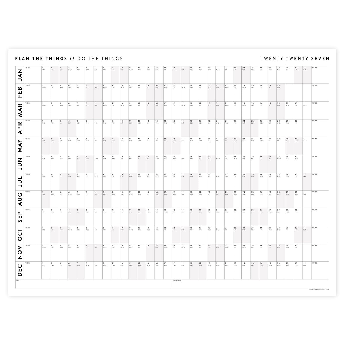 PRINTABLE 2027 Horizontal Wall Calendar | Digital PDF Instant Download | Minimalist Layout with Gray Weekends | Print Up to 48" x 36"