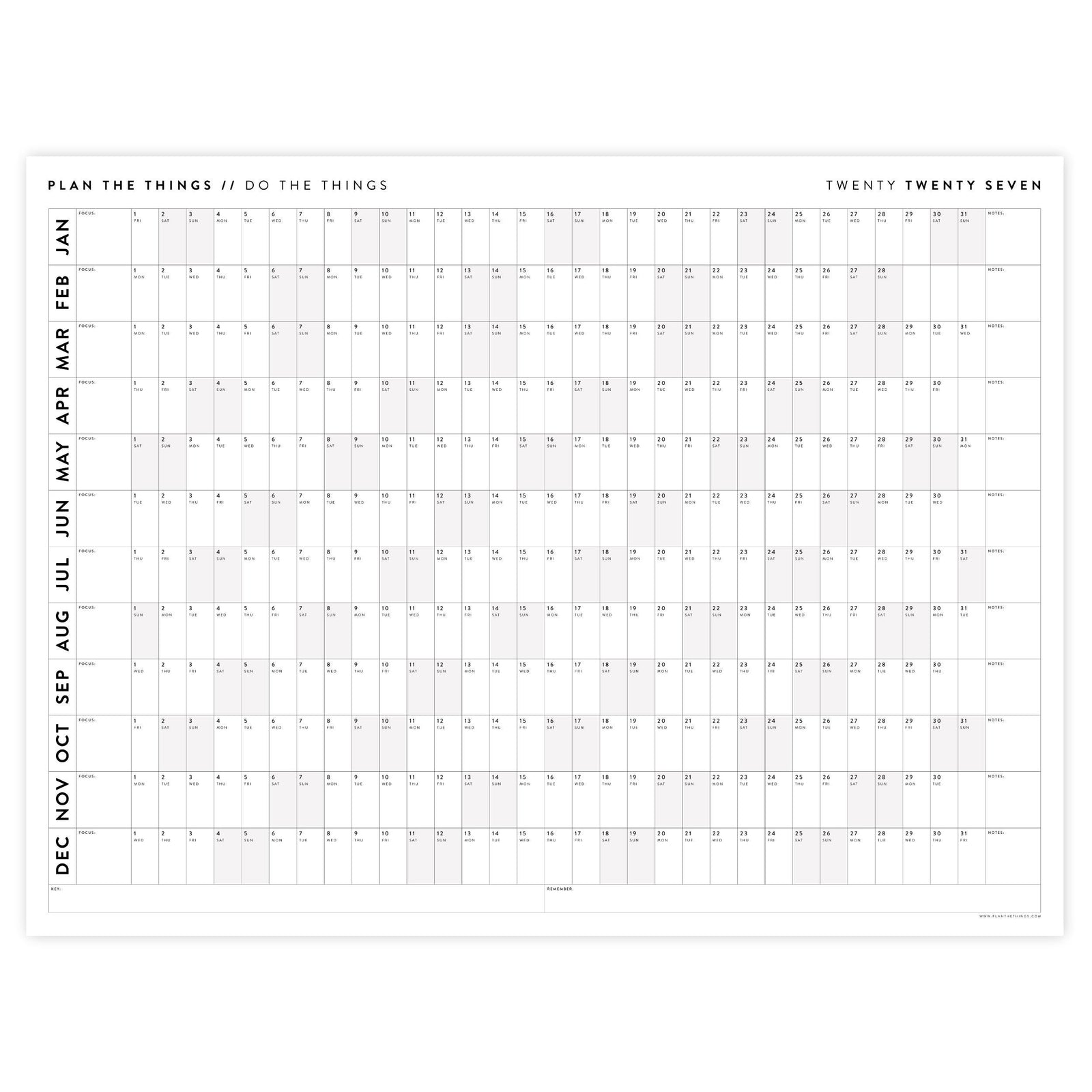 PRINTABLE 2027 Horizontal Wall Calendar | Digital PDF Instant Download | Minimalist Layout with Gray Weekends | Print Up to 48" x 36"
