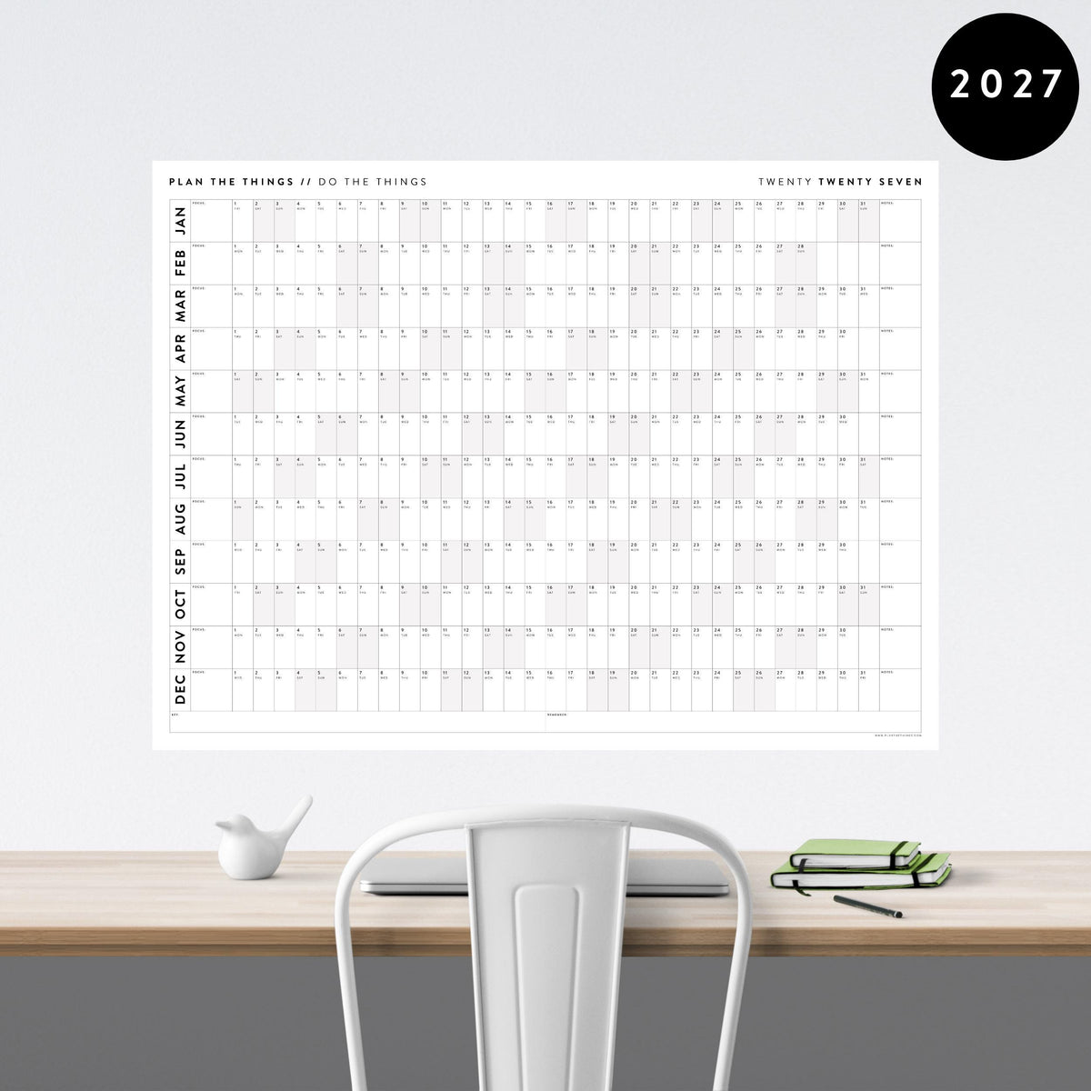 PRINTABLE 2027 Horizontal Wall Calendar | Digital PDF Instant Download | Minimalist Layout with Gray Weekends | Print Up to 48" x 36"