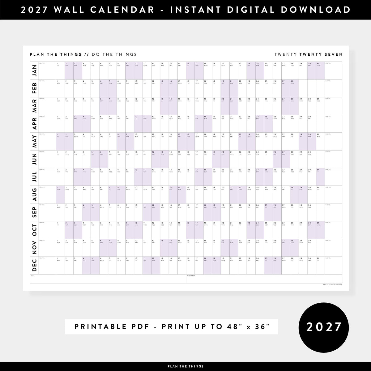 PRINTABLE 2027 Horizontal Wall Calendar | Digital PDF Instant Download | Minimalist Layout with Purple Weekends | Print Up to 48" x 36"