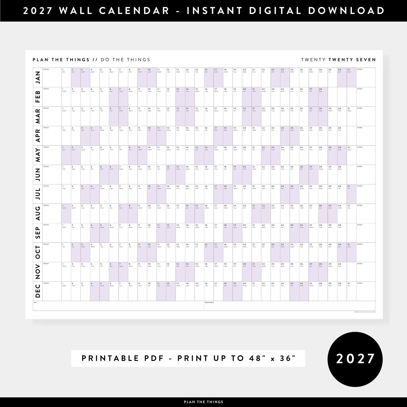 PRINTABLE 2027 Horizontal Wall Calendar | Digital PDF Instant Download | Minimalist Layout with Purple Weekends | Print Up to 48" x 36"