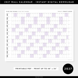 PRINTABLE 2027 Horizontal Wall Calendar | Digital PDF Instant Download | Minimalist Layout with Purple Weekends | Print Up to 48" x 36"