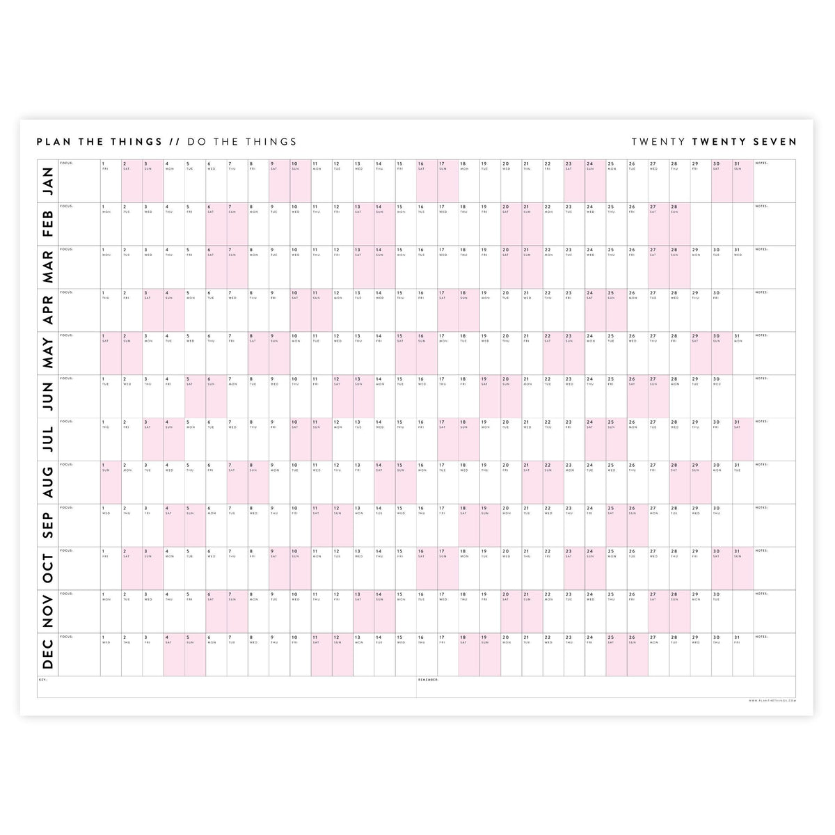 PRINTABLE 2027 Horizontal Wall Calendar | Digital PDF Instant Download | Minimalist Layout with Pink Weekends | Print Up to 48" x 36"
