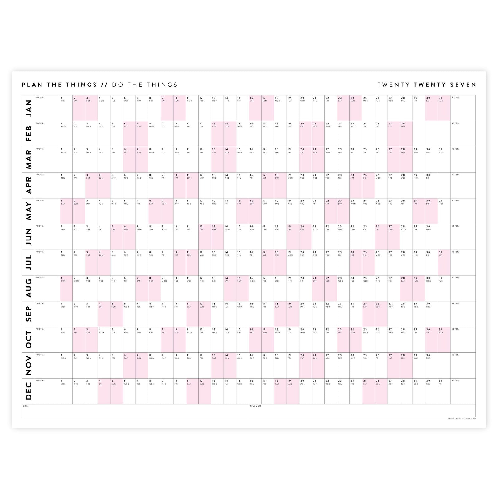 PRINTABLE 2027 Horizontal Wall Calendar | Digital PDF Instant Download | Minimalist Layout with Pink Weekends | Print Up to 48" x 36"