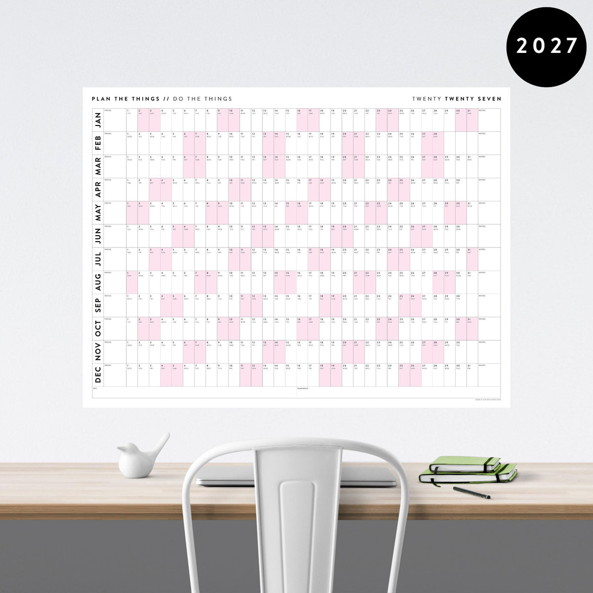 PRINTABLE 2027 Horizontal Wall Calendar | Digital PDF Instant Download | Minimalist Layout with Pink Weekends | Print Up to 48" x 36"