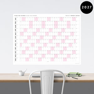 PRINTABLE 2027 Horizontal Wall Calendar | Digital PDF Instant Download | Minimalist Layout with Pink Weekends | Print Up to 48" x 36"