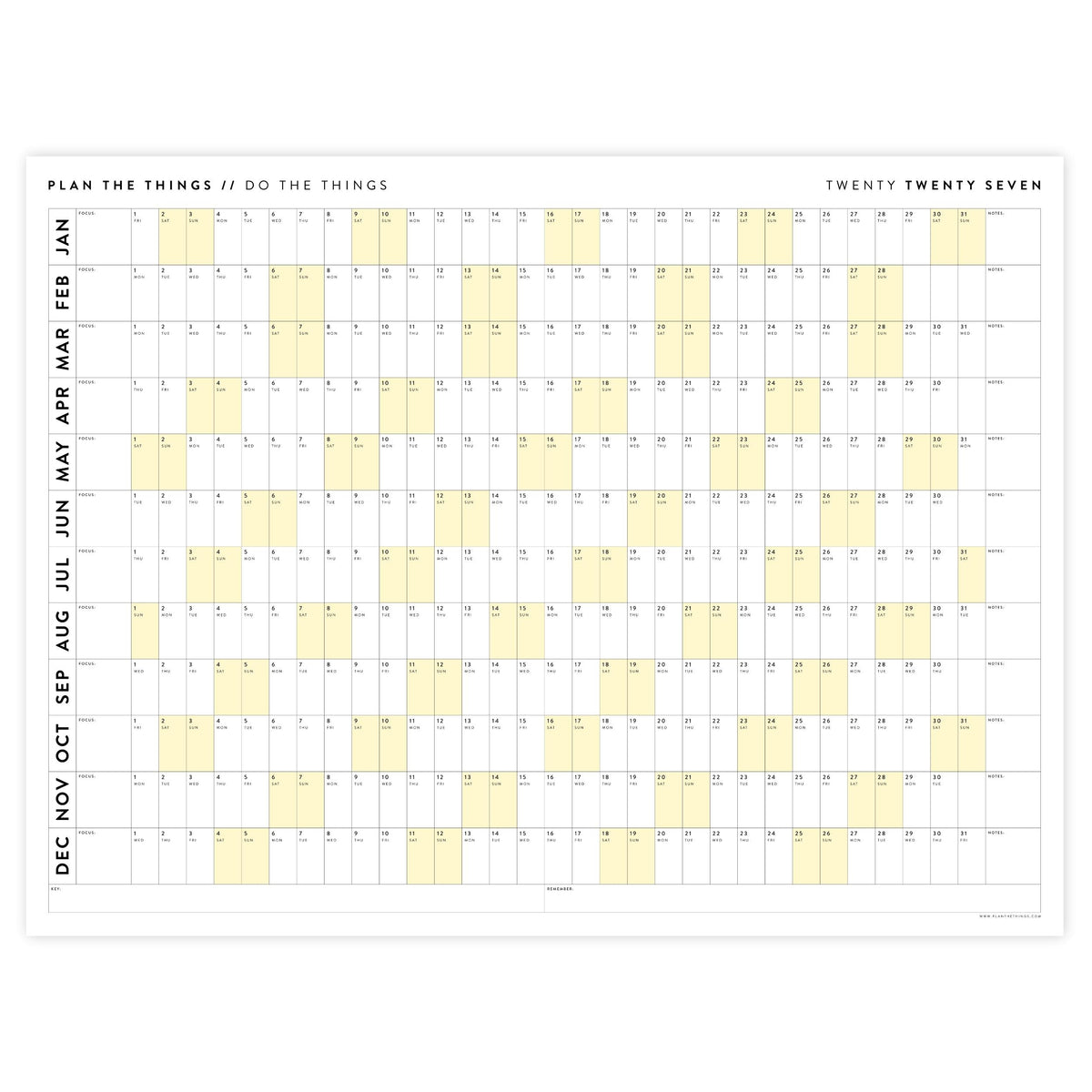 PRINTABLE 2027 Horizontal Wall Calendar | Digital PDF Instant Download | Minimalist Layout with Yellow Weekends | Print Up to 48" x 36"